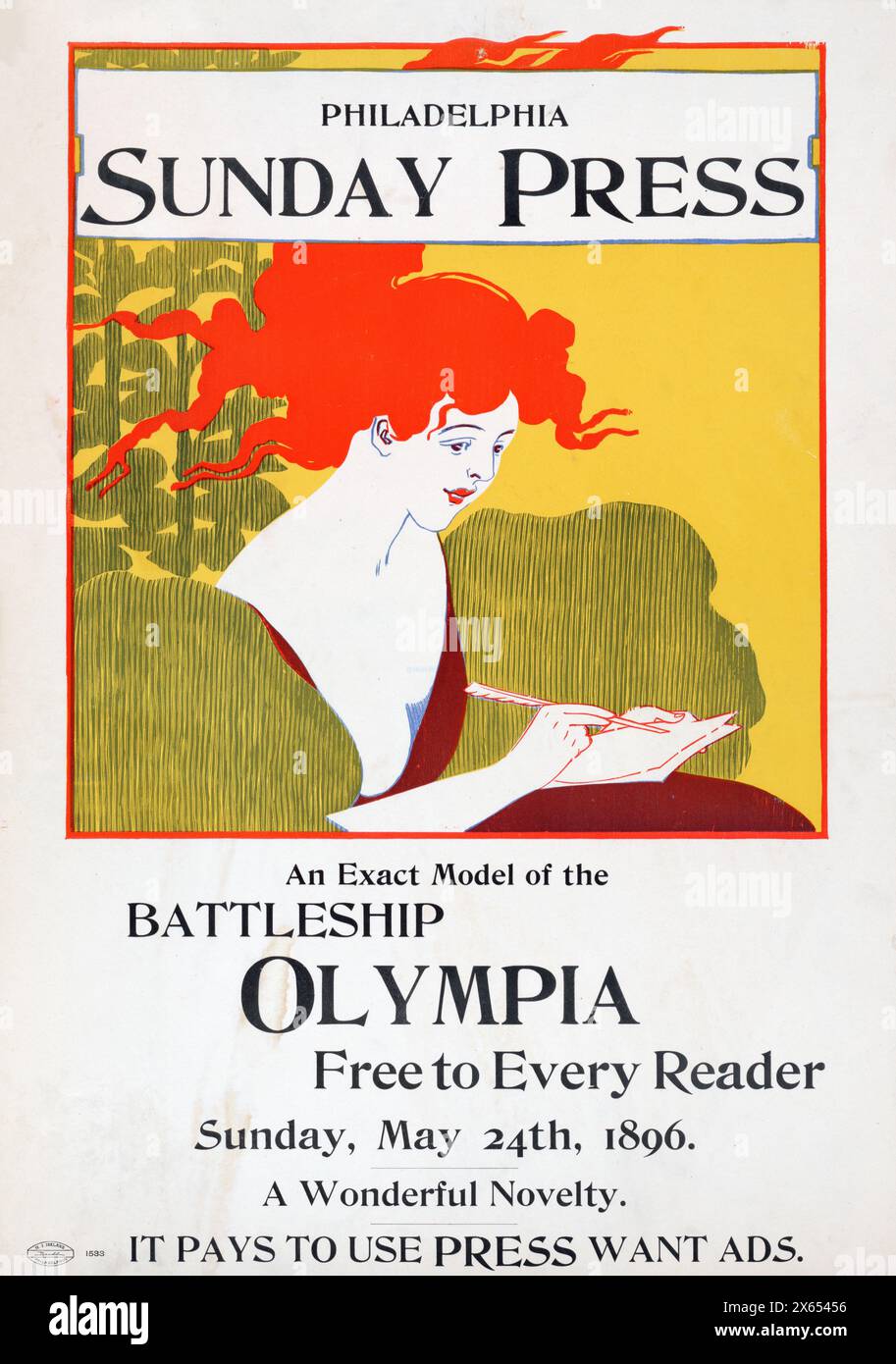 George Reiter Brill (illustratore americano, 1867-1918) Philadelphia Sunday Press, un modello esatto della corazzata Olympia gratuito per ogni lettore, domenica 24 maggio 1896. Foto Stock