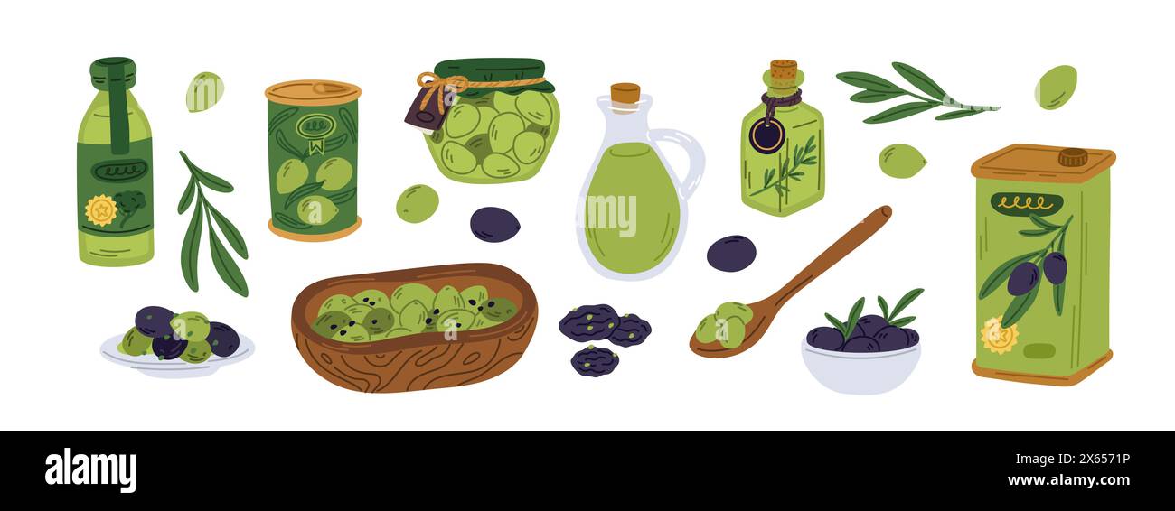 Prodotti d'oliva biologici. Frutti vegetali mediterranei. Bacche in salamoia e secche. Bottiglia di olio extra vergine. Barattoli di latta o vetro. Cibo sano e naturale. Veget Illustrazione Vettoriale