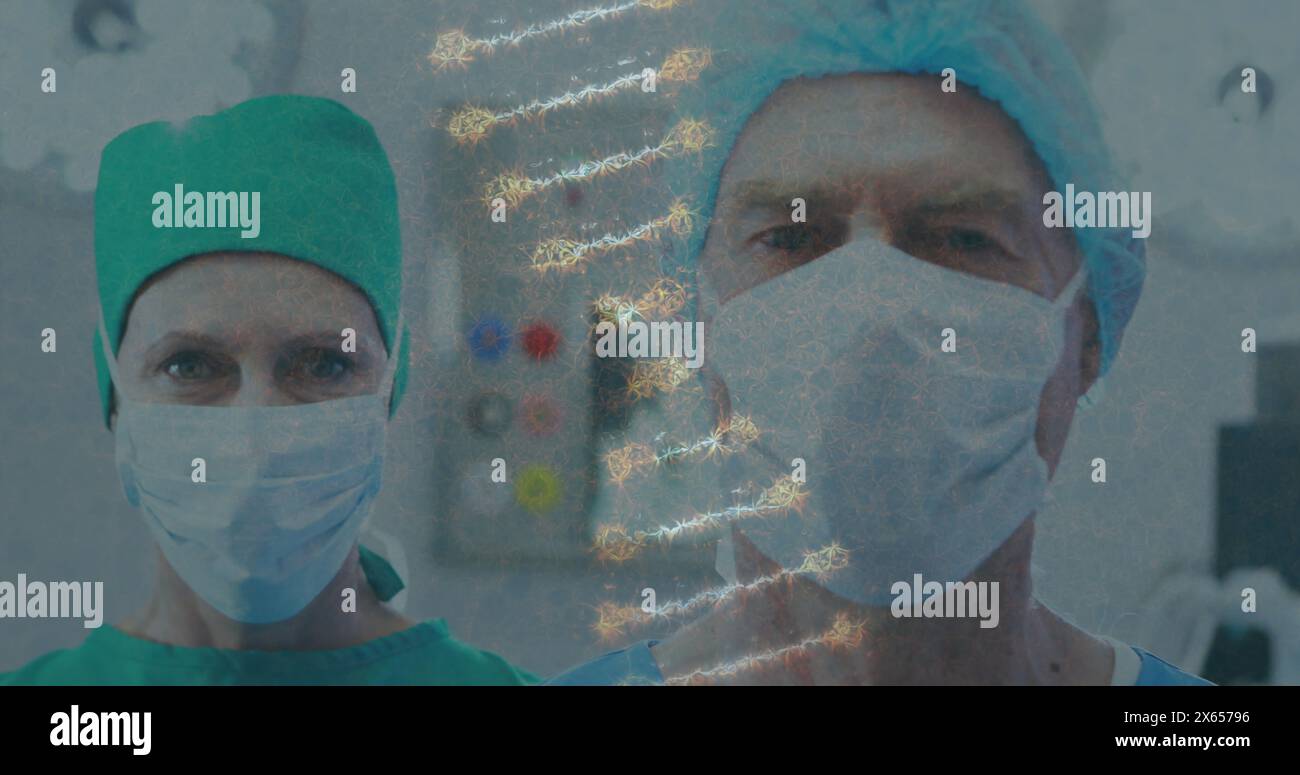 Immagine del filamento di dna su chirurghi maschi e femmine caucasici nelle maschere facciali Foto Stock