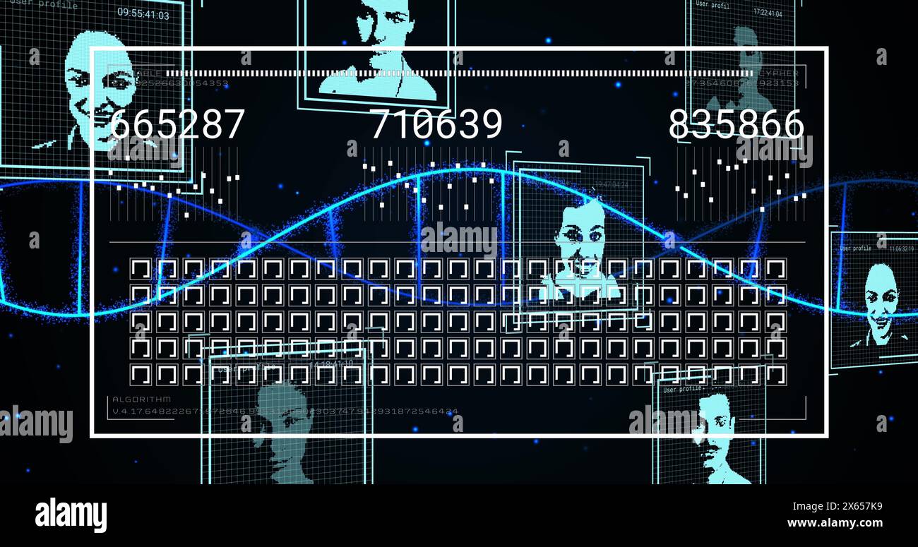 Immagine del dna che si muove sull'interfaccia con quadrati in movimento, immagini del profilo e numeri che cambiano Foto Stock