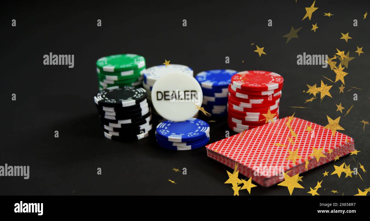 Immagine di stelle che cadono sopra il testo e le patatine del concessionario Foto Stock