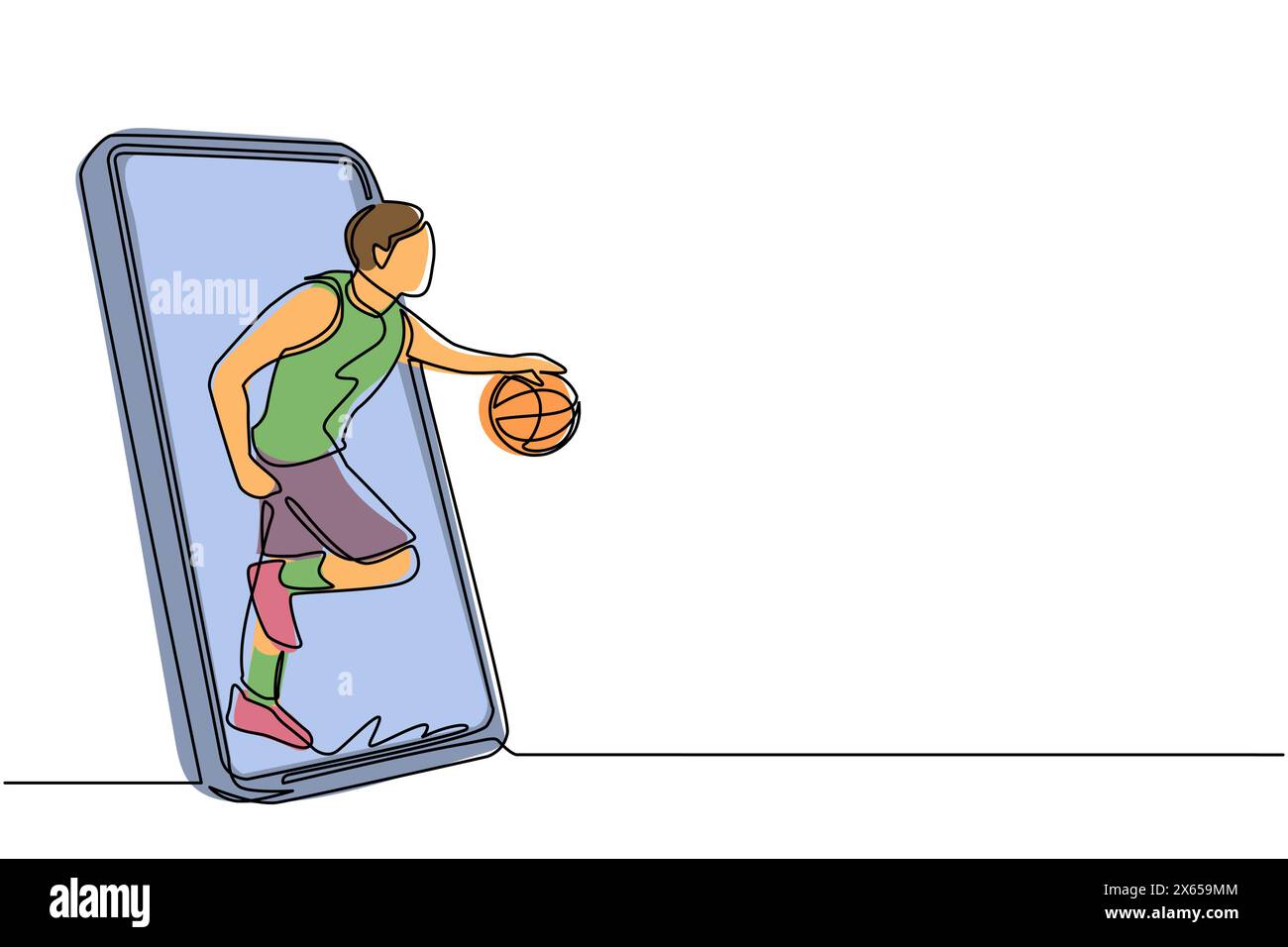 Linea singola continua che attira il giocatore di basket che corre e dribbling con la palla fuori dallo schermo dello smartphone. Smartphone con app basket. Dinamica Illustrazione Vettoriale