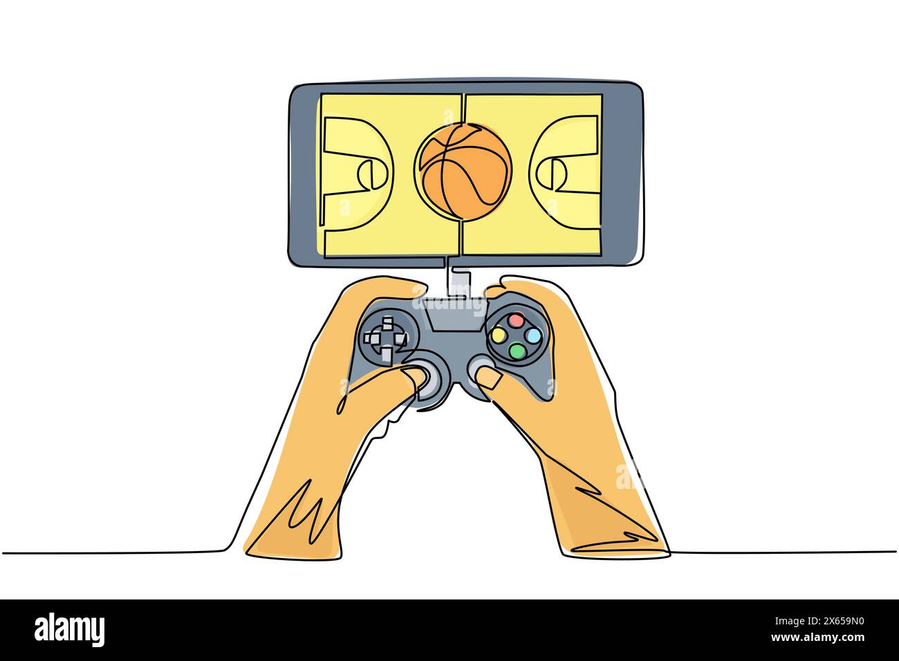 Smartphone con disegno su una sola linea collegato al gamepad e giocando a partite di basket. Basket mobile. Partita mobile di e-Sports. Continuo moderno Illustrazione Vettoriale