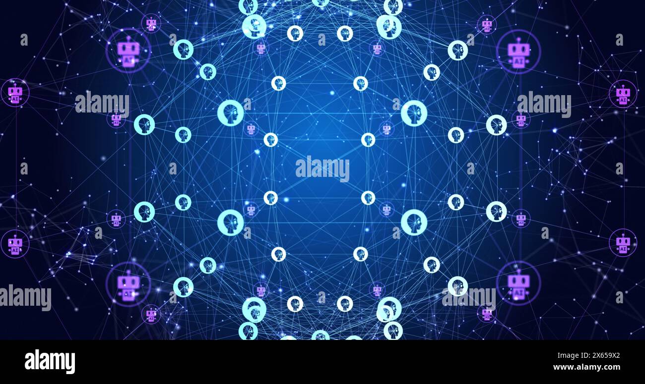 Immagine di persone e icone di robot che si connettono con le linee e formano il globo Foto Stock