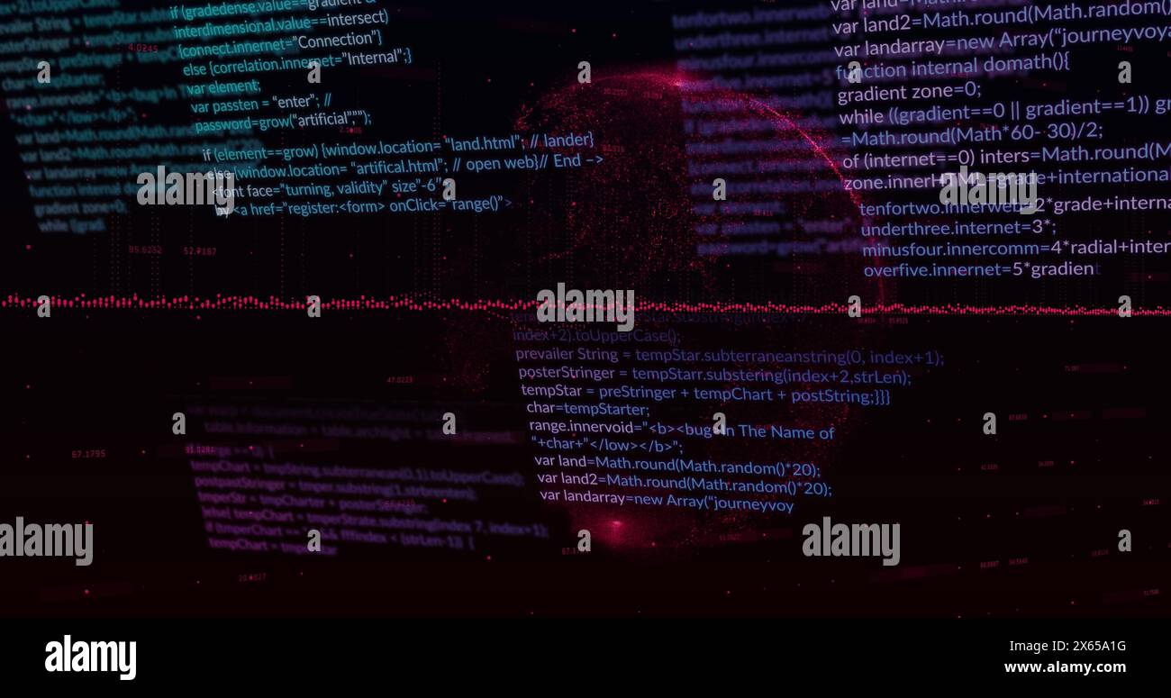 Immagine del linguaggio del computer, grafici, globo e numeri variabili su sfondo nero Foto Stock