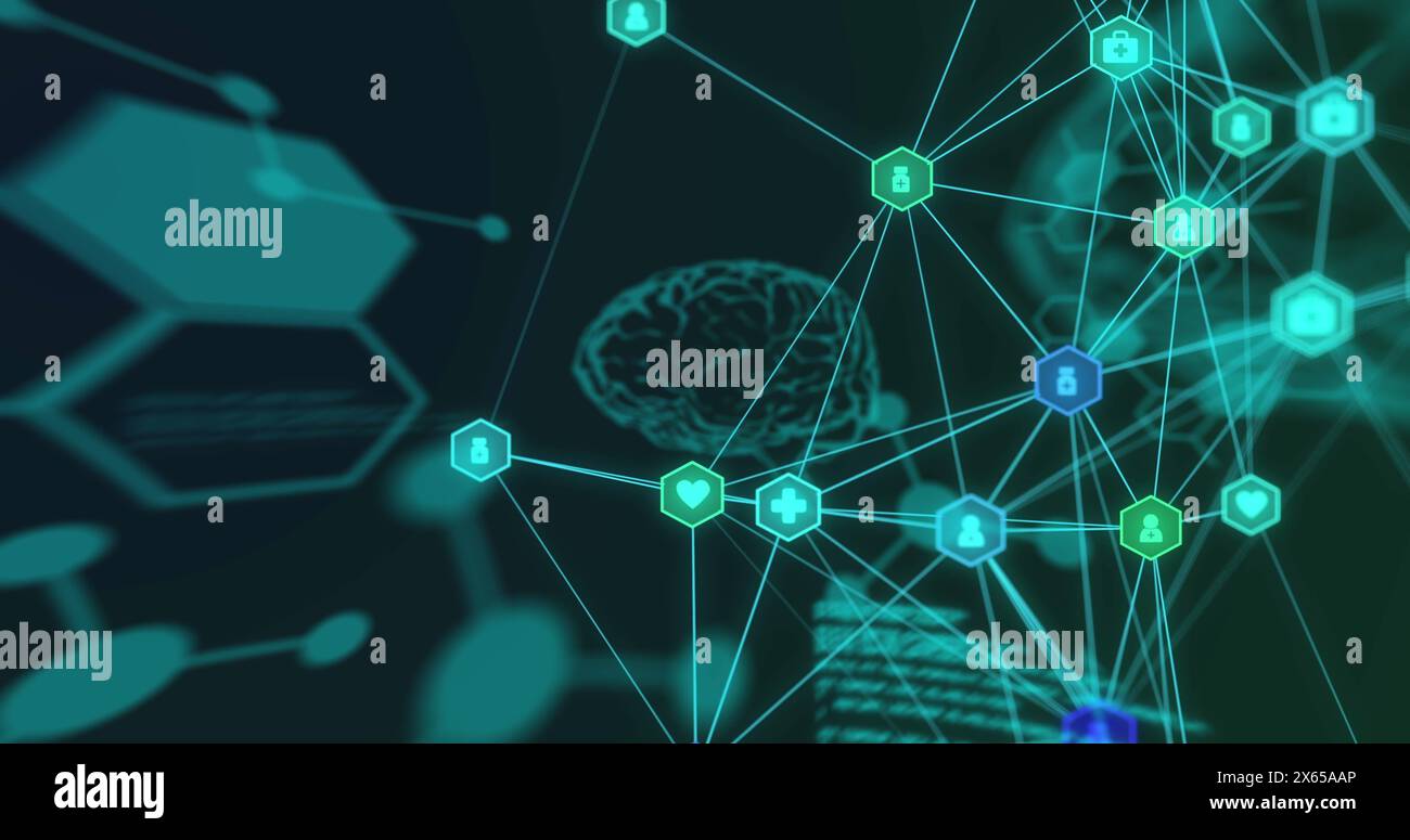Illustrazione cerebrale che si connette ai nodi di rete, simboleggiando l'intelligenza artificiale e i dati Foto Stock