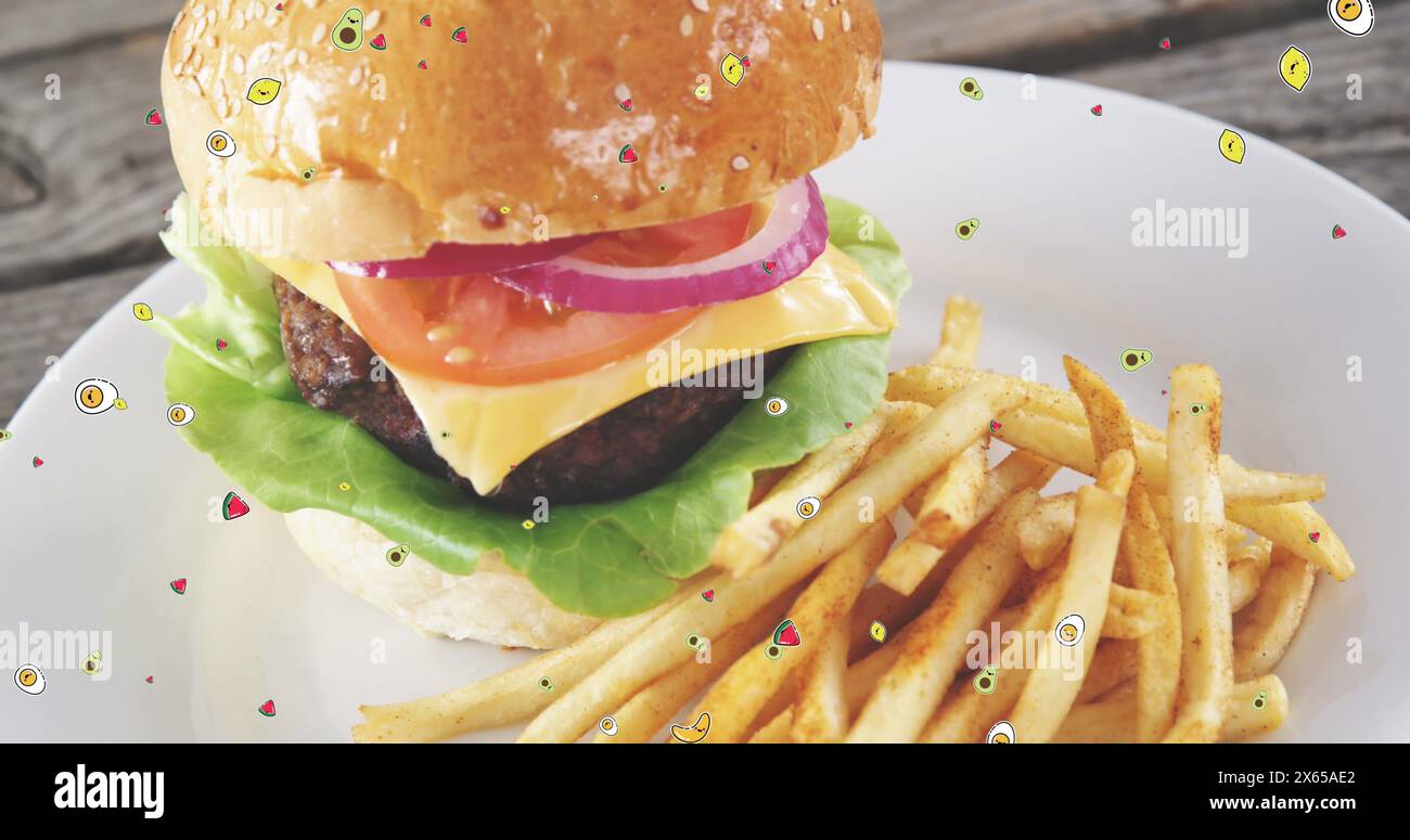 Immagine della caduta di cibo su hamburger e patatine Foto Stock