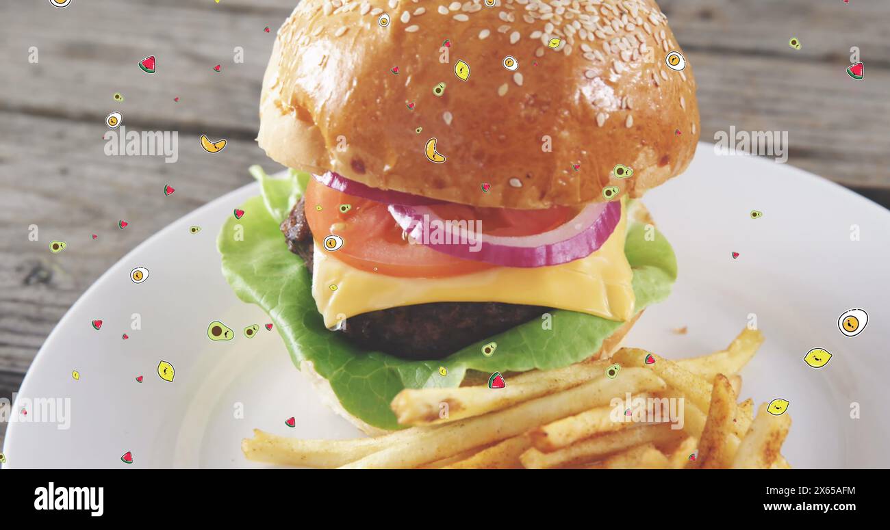 Immagine della caduta di cibo su hamburger e patatine Foto Stock