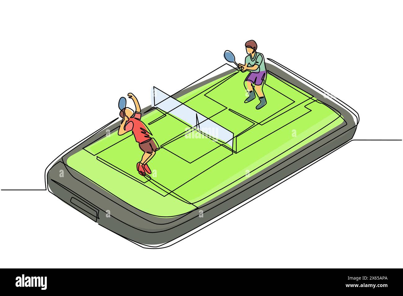 Campo da tennis a una sola linea con due giocatori sullo schermo dello smartphone. Competizione sportiva professionale: Tennisti durante la partita, app mobile. Illustrazione Vettoriale