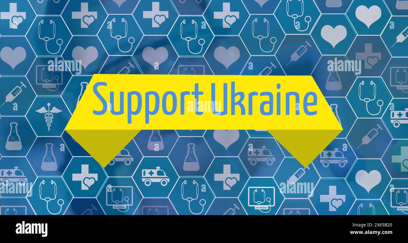 Immagine di Support ukraine su esagoni con icone Foto Stock