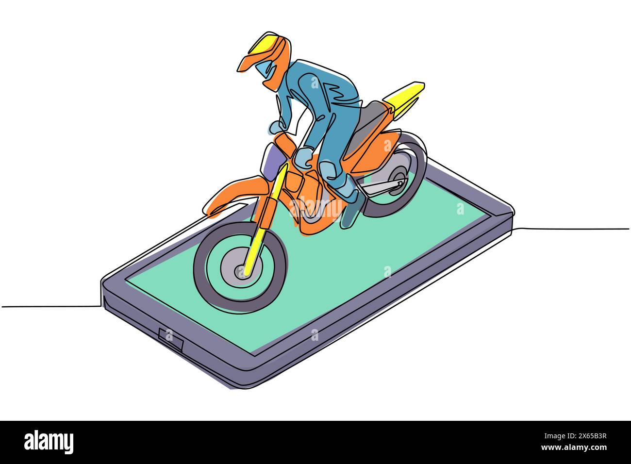 Un singolo disegno a linea continua pilota di motocross cavalca moto da motocross sullo schermo dello smartphone. Moto da motocross. Enduro, motocross freestyle Extreme spo Illustrazione Vettoriale
