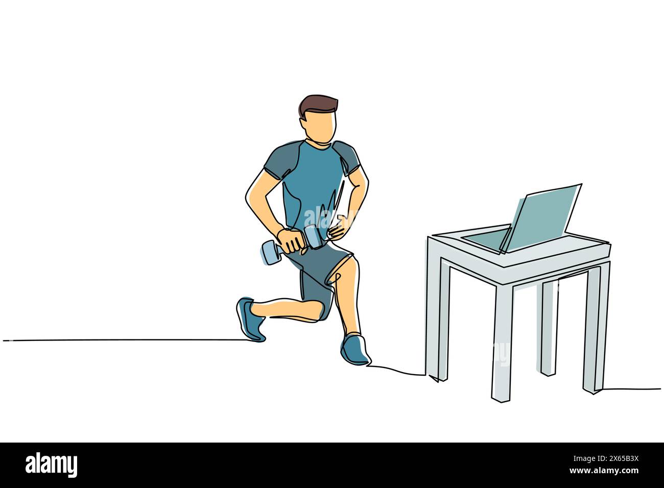 Un solo disegnatore che fa fitness a casa nelle lezioni online usando il suo laptop. Concetto di corso di fitness online. Allenamento sportivo online su notebook. Illustrazione Vettoriale