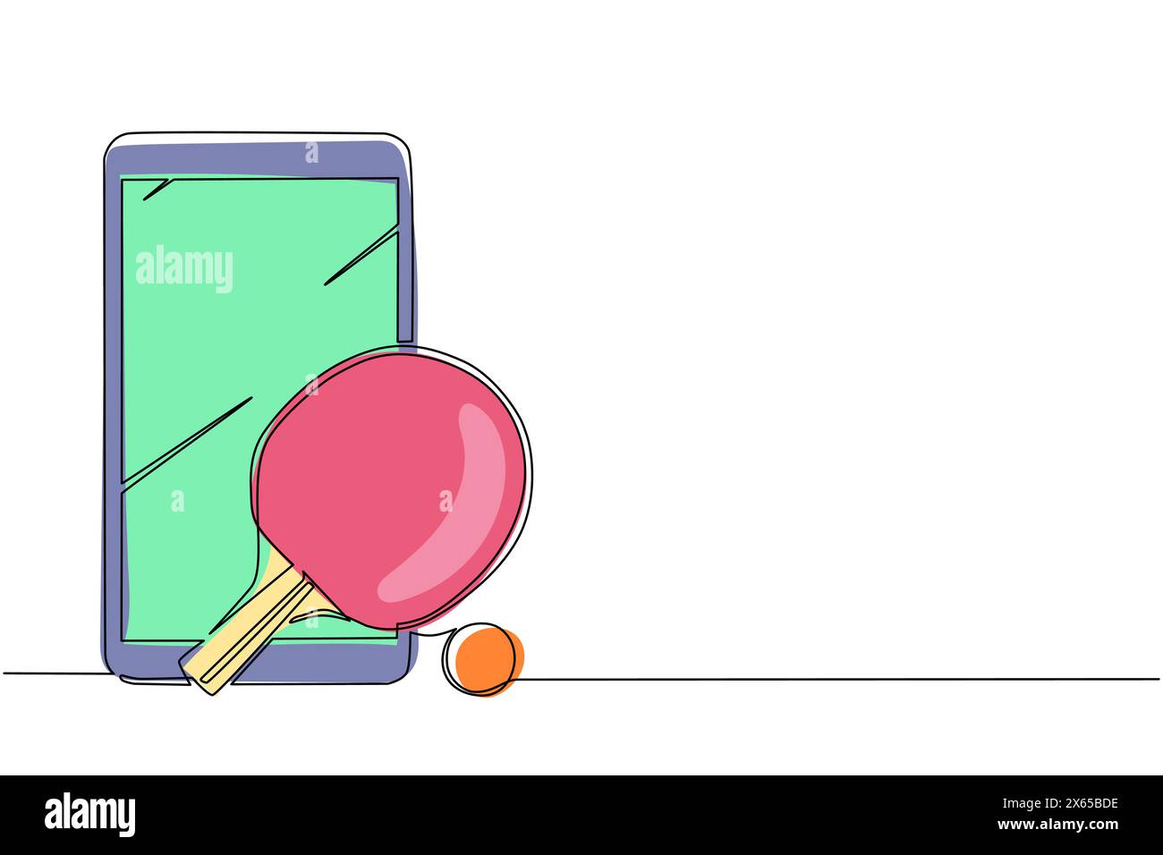 Una sola linea disegnando racchetta da ping pong e palla con smartphone. Gioco di ping-pong online. Attrezzature sportive virtuali. Attrezzatura sportiva per tavolo Illustrazione Vettoriale