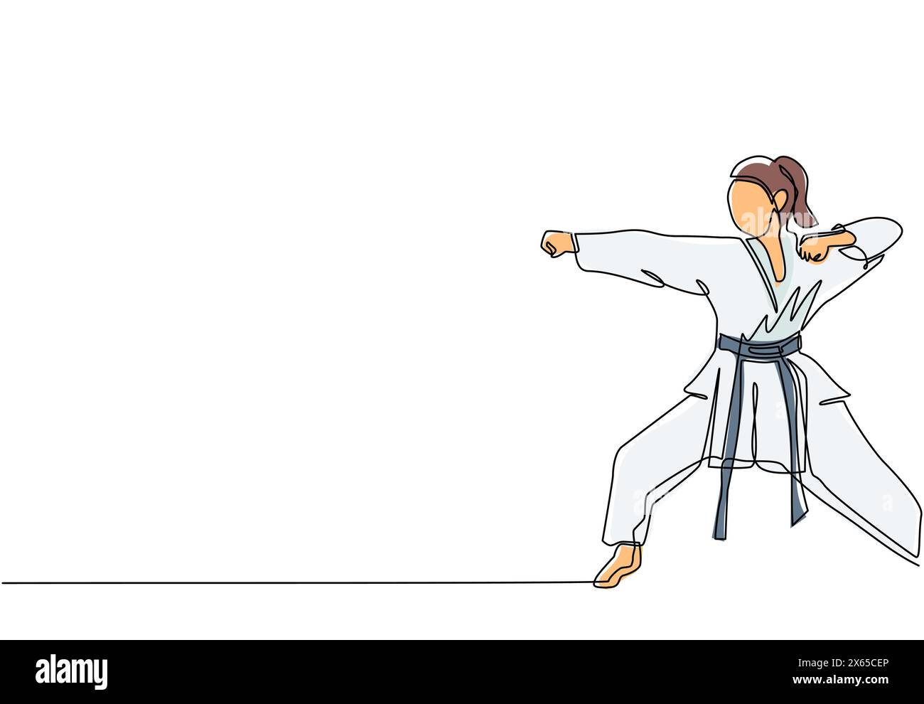 Continua una linea che attira giovane donna sicura di sé di karateka in kimono praticando il combattimento con pugni di karate nel centro fitness dojo. Padroneggia lo sport di arti marziali Illustrazione Vettoriale
