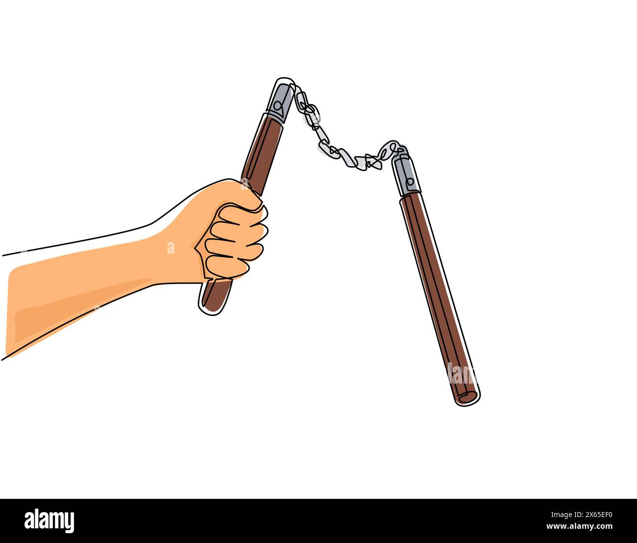 Singola linea continua che disegna le mani dell'uomo tenendo il doppio bastone. Nunchaku tradizionale arma di arti marziali di Okinawa. L'uomo pugni arma tagliata. Attivazione dinamica Illustrazione Vettoriale