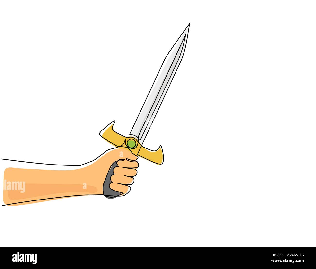 Una linea continua che disegna un guerriero con la spada a mano. Mano di guerriero con la spada. Design dei guerrieri che reggono a mano una spada medievale affilata. Dinamica Illustrazione Vettoriale
