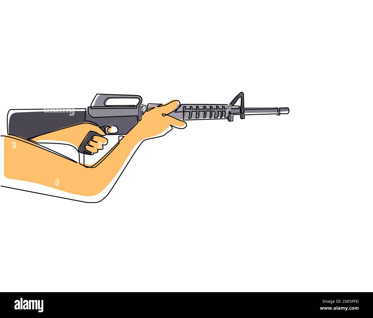 Macchina automatica M-16 per disegnare una sola linea con una mano. Fucile d'assalto tattico. Armi dell'esercito e della polizia. Potente arma mortale per unità speciali Illustrazione Vettoriale