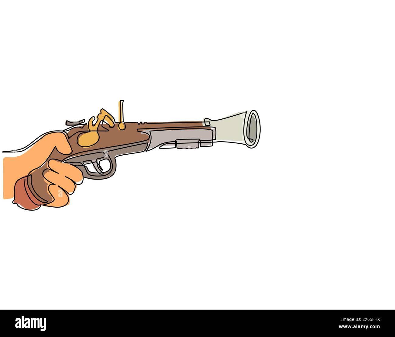 Linea singola continua per disegnare a mano una vecchia pistola con blocco di sicurezza. Pistola a pistola Flintlock antica. Pirata retrò in legno di pietra focaia militare. VIN Illustrazione Vettoriale