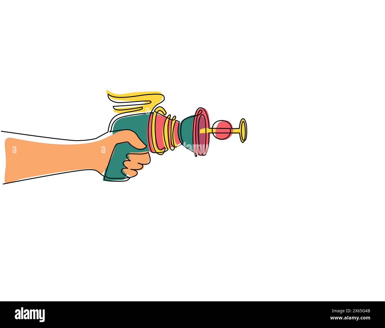 Linea singola continua per disegnare mano che tiene in mano un blaster spaziale retrò, una pistola a raggi, un'arma laser. Sparatutto giocattolo per bambini con pistola a mano e pistola a raggi di alie Illustrazione Vettoriale