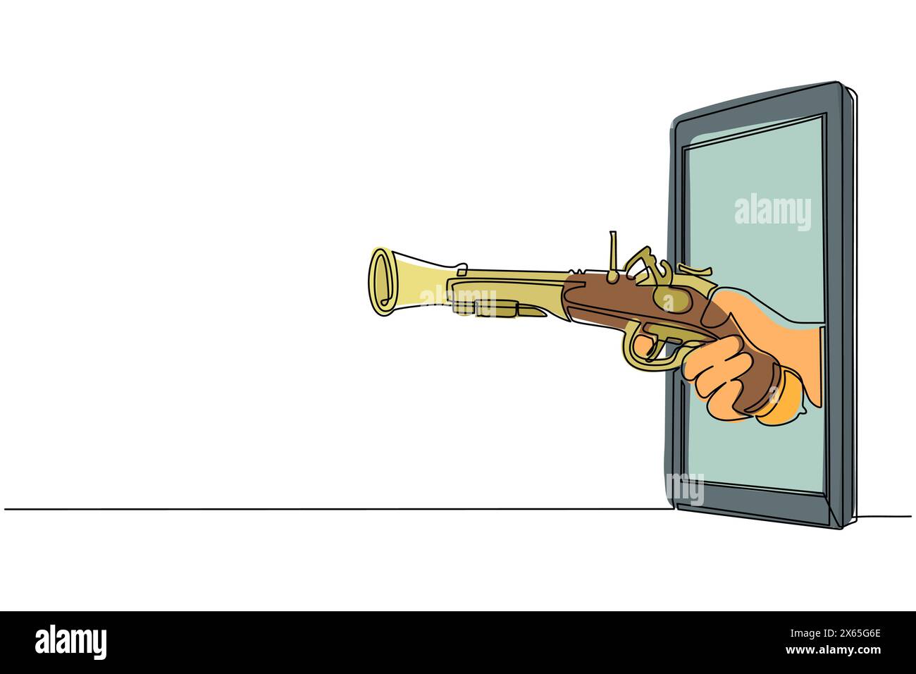 Una linea continua che porta la mano tenendo la vecchia pistola a pietra focaia attraverso il telefono cellulare. Concetto di videogiochi pirati, e-sport, applicazioni di intrattenimento Illustrazione Vettoriale
