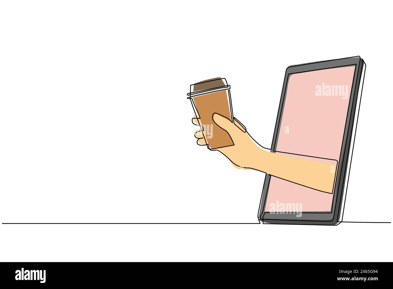Una sola linea disegnando a mano tenendo la tazza di carta da caffè attraverso il telefono cellulare. Concetto di consegna di bevande da caffetteria online. Applicazione per smartpho Illustrazione Vettoriale