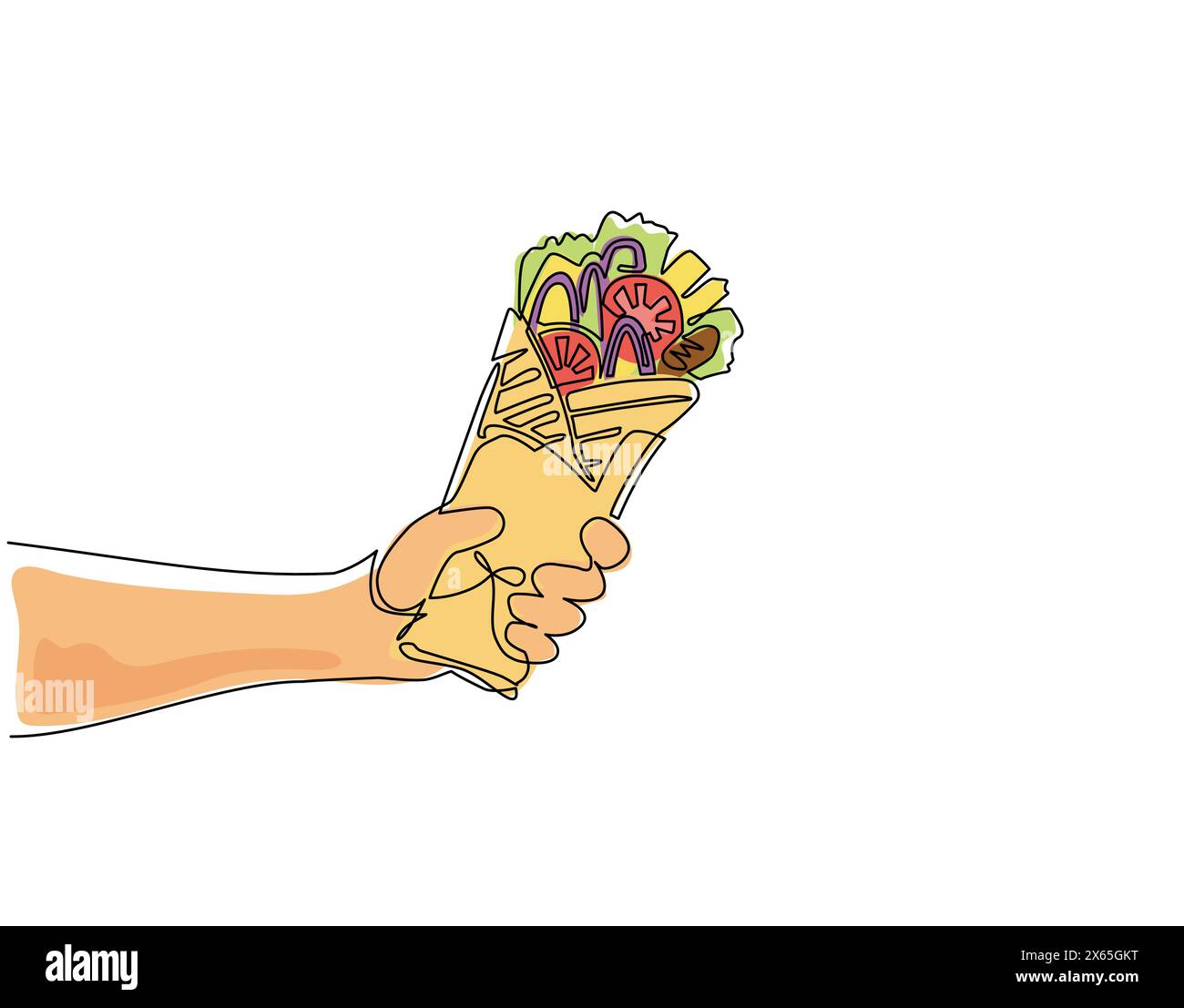 Una sola linea disegna a mano con cibo shawarma. Delizioso involtino arabo con carne, insalata e pomodoro. Kebab con pollo e cipolla. Per il menu del ristorante. Illustrazione Vettoriale