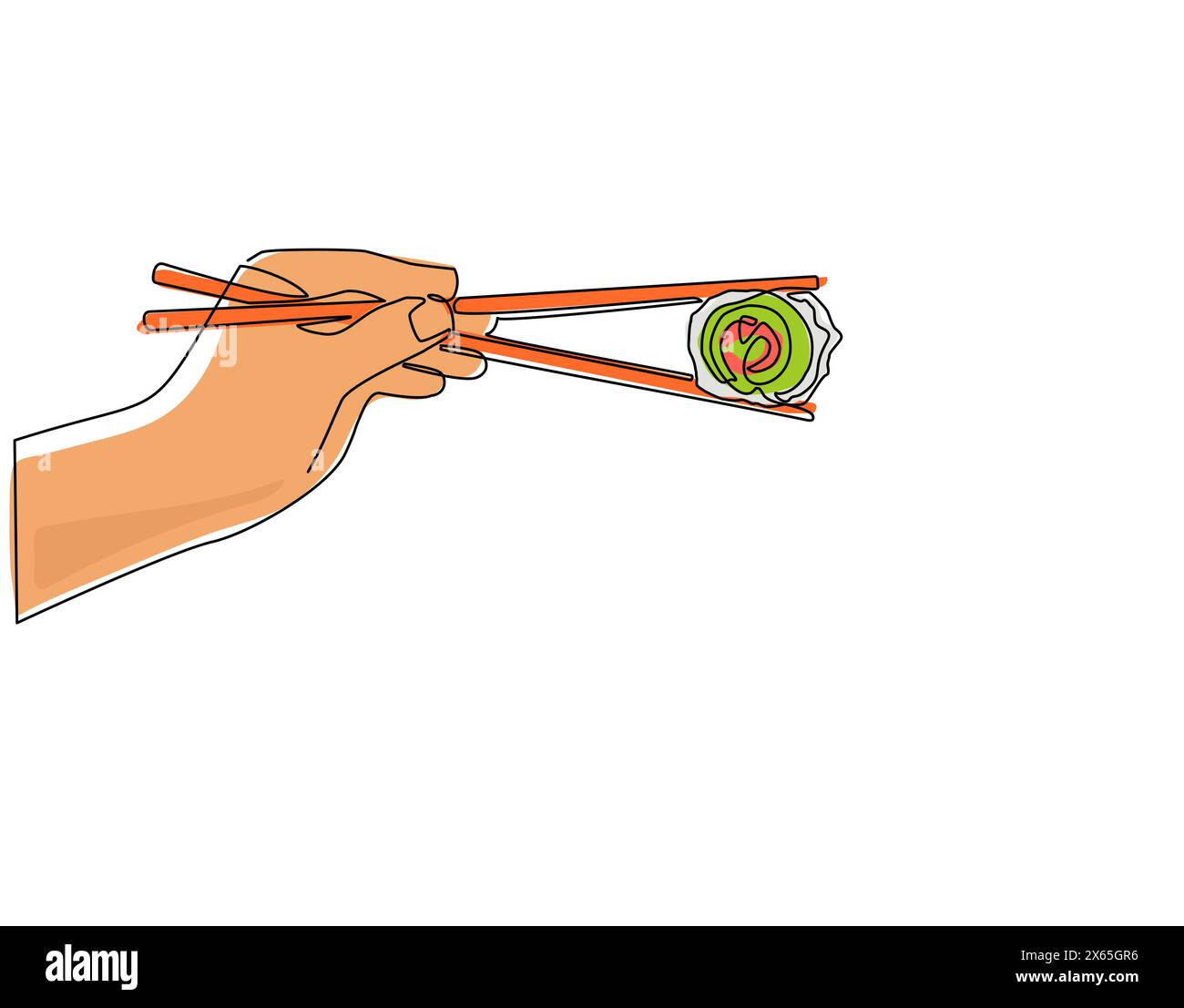 Una linea singola disegnando a mano tenendo in mano sushi giapponese, cinese, asiatico, rotolo con un paio di bacchette di legno. Mano con bacchette e sushi, rotola con sa Illustrazione Vettoriale Una linea singola disegnando a mano tenendo in mano sushi giapponese, cinese, asiatico, rotolo con un paio di bacchette di legno. Mano con bacchette e sushi, rotola con sa Illustrazione Vettoriale