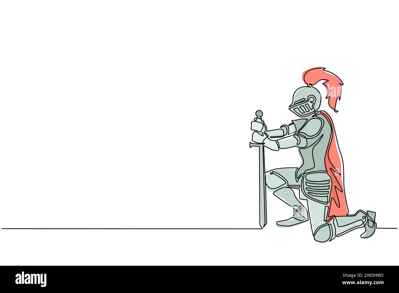Una sola linea che disegna un guerriero medievale inginocchiato e giurando fedeltà. Cavaliere in armatura con la spada e giurando sul ginocchio. Continuou moderno Illustrazione Vettoriale