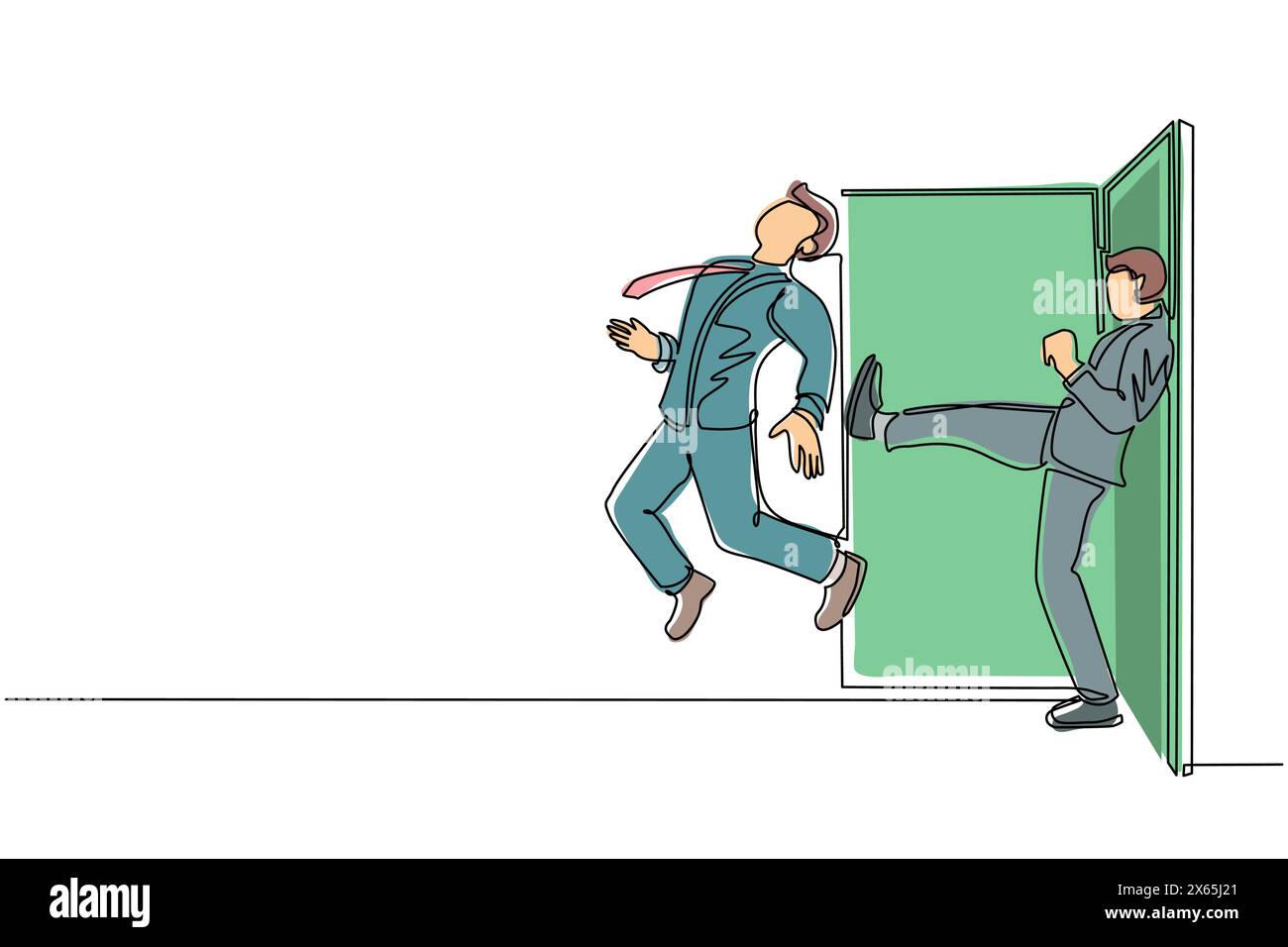 Un uomo d'affari a una sola linea viene buttato fuori dalla porta. Licenziato dal suo lavoro. Concetto aziendale di disoccupazione. Il capo prende a calci un dipendente non necessario. Mo Illustrazione Vettoriale