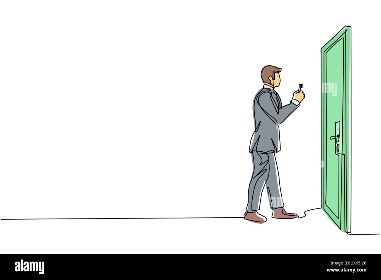 Un uomo d'affari con una sola linea continua solleva la chiave di fronte alla porta. Uomo che tiene la chiave per aprire la porta dell'ufficio. Inizia la mattina con lo spirito per lavorare. Si Illustrazione Vettoriale