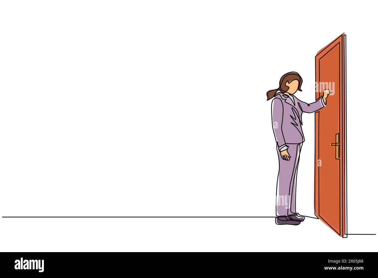 Una sola linea che attira una donna d'affari che bussa alla porta. Donna in piedi all'ingresso della stanza che bussa alla porta. Una donna in affari blazer sta bussando al doo Illustrazione Vettoriale