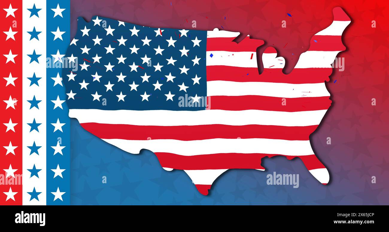 Mappa degli Stati Uniti, dipinta con colori della bandiera americana, seduta su sfondo rosso e blu Foto Stock