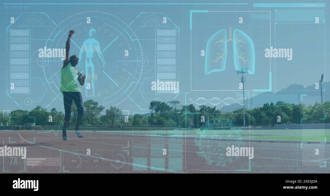Immagine di un'interfaccia digitale sull'uomo afroamericano con una disabilità fisica in esecuzione Foto Stock