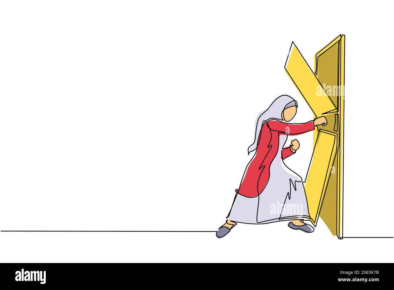 Linea singola continua che disegna una donna d'affari araba che colpisce e distrugge la porta. Eliminare le barriere di accesso, superare le sfide e distruggere l'obstac Illustrazione Vettoriale