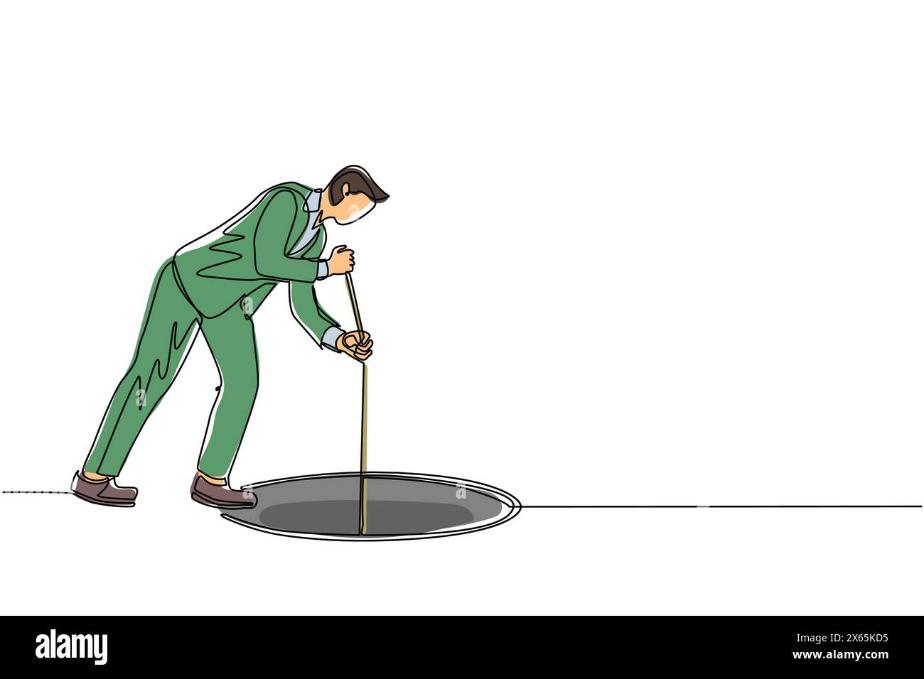 Un uomo d'affari con una sola linea continua allunga la corda nel buco. Uomo che si chiede e guarda il grande buco, il concetto di business nell'opportunità, nello spiegare Illustrazione Vettoriale