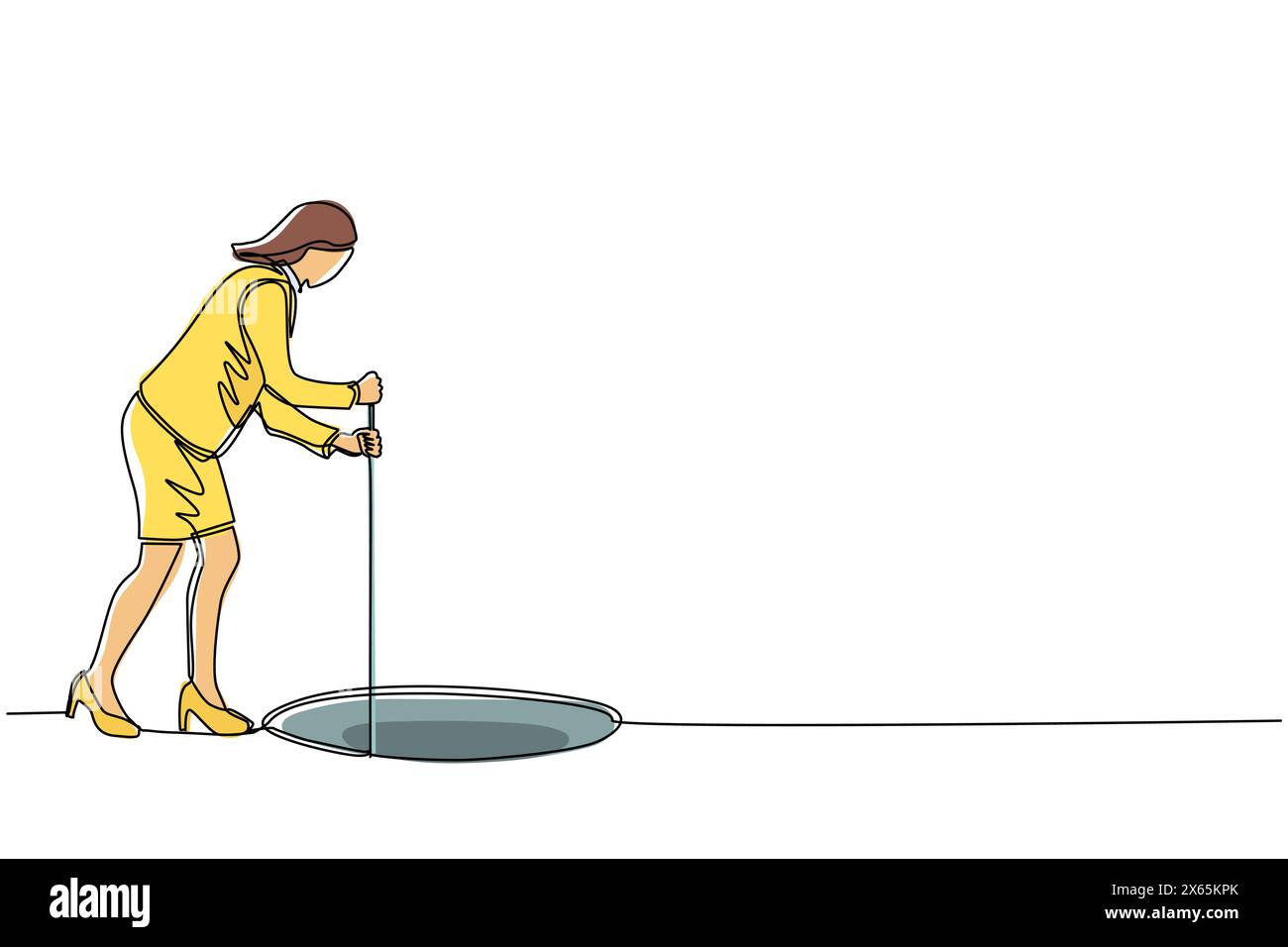 Una donna d'affari che disegna una linea continua estende la corda nel buco. Donna che si chiede e guarda al grande buco, concetto di business nell'opportunità, spiegazione Illustrazione Vettoriale