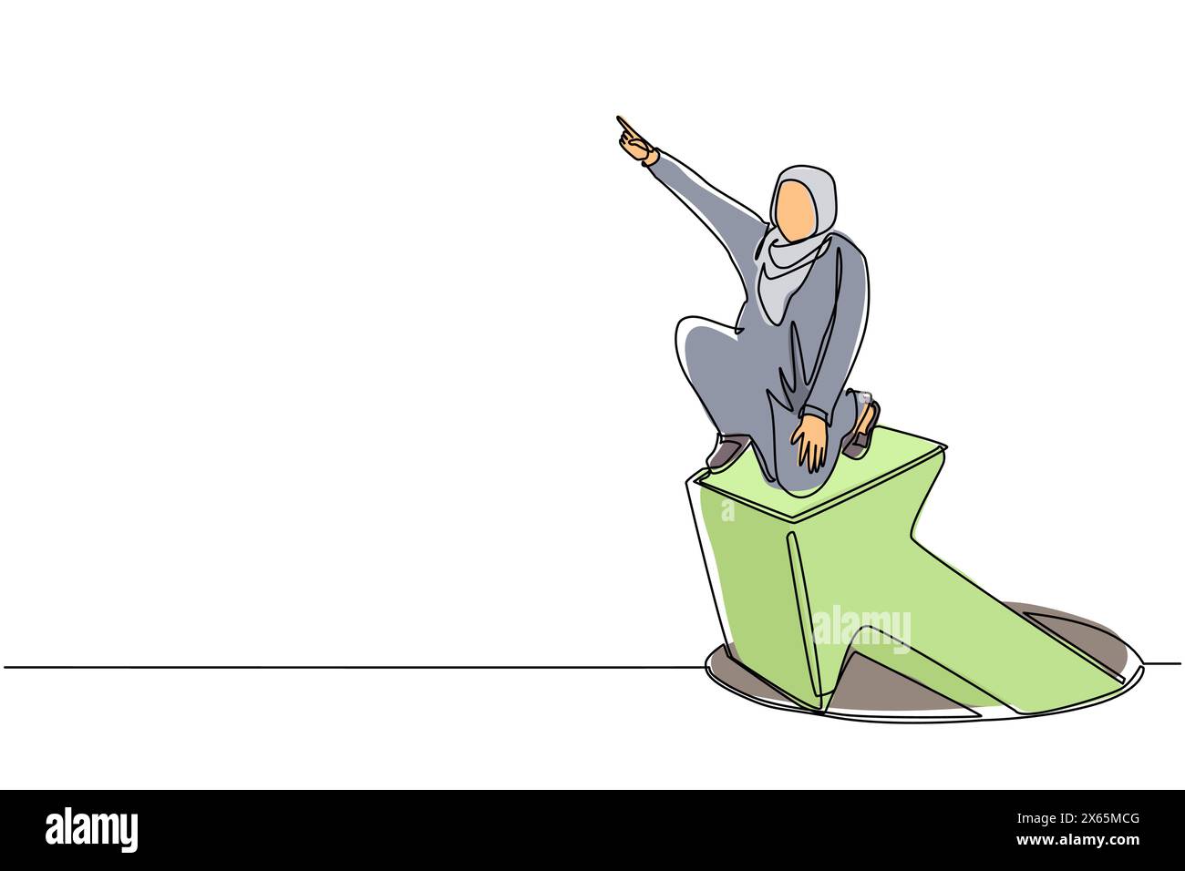 Una linea continua che disegna una donna d'affari araba in piedi sulle frecce che escono dai buchi. Donna che dirige il grafico finanziario che emerge dal buco. Affari grossi Illustrazione Vettoriale