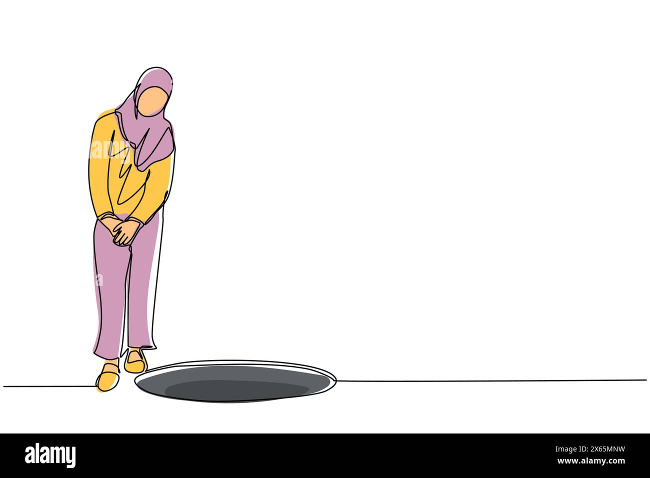 Linea singola continua che disegna una donna d'affari araba che guarda al buco nero. Donna che si chiede e guarda al buco, concetto di business nell'opportunità, expl Illustrazione Vettoriale