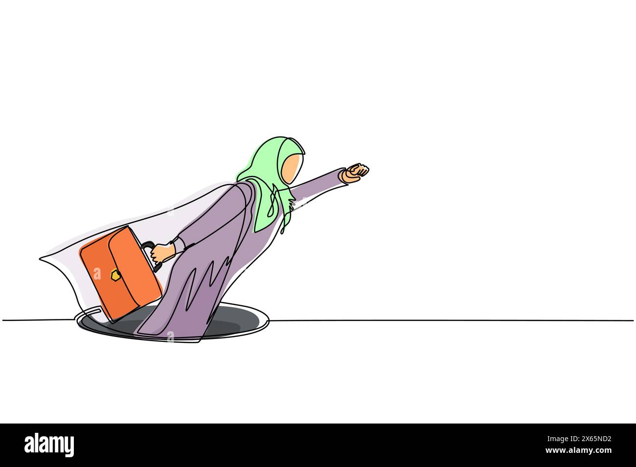 Una linea continua che disegna una donna d'affari araba volante con ala e valigetta in uscita dai buchi. Donna che guida l'aumento finanziario dal buco. Busine Illustrazione Vettoriale