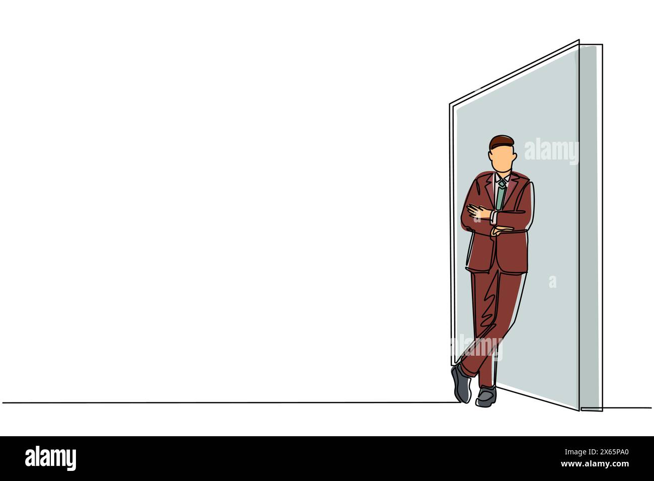 Un'unica linea continua che attira un giovane uomo d'affari in piedi e si appoggia contro il muro, pensando a una nuova azienda. Intera lunghezza o corpo. O Illustrazione Vettoriale