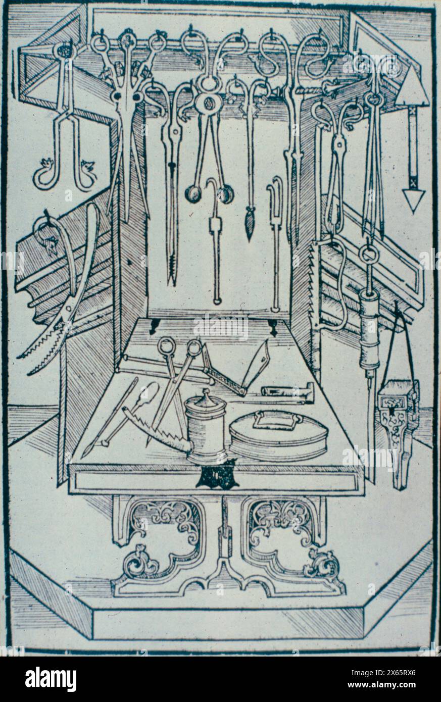 Strumenti chirurgici del XV secolo, scolpito da Das Buch der Cirurgia, di Hieronymus Brunschwig Foto Stock