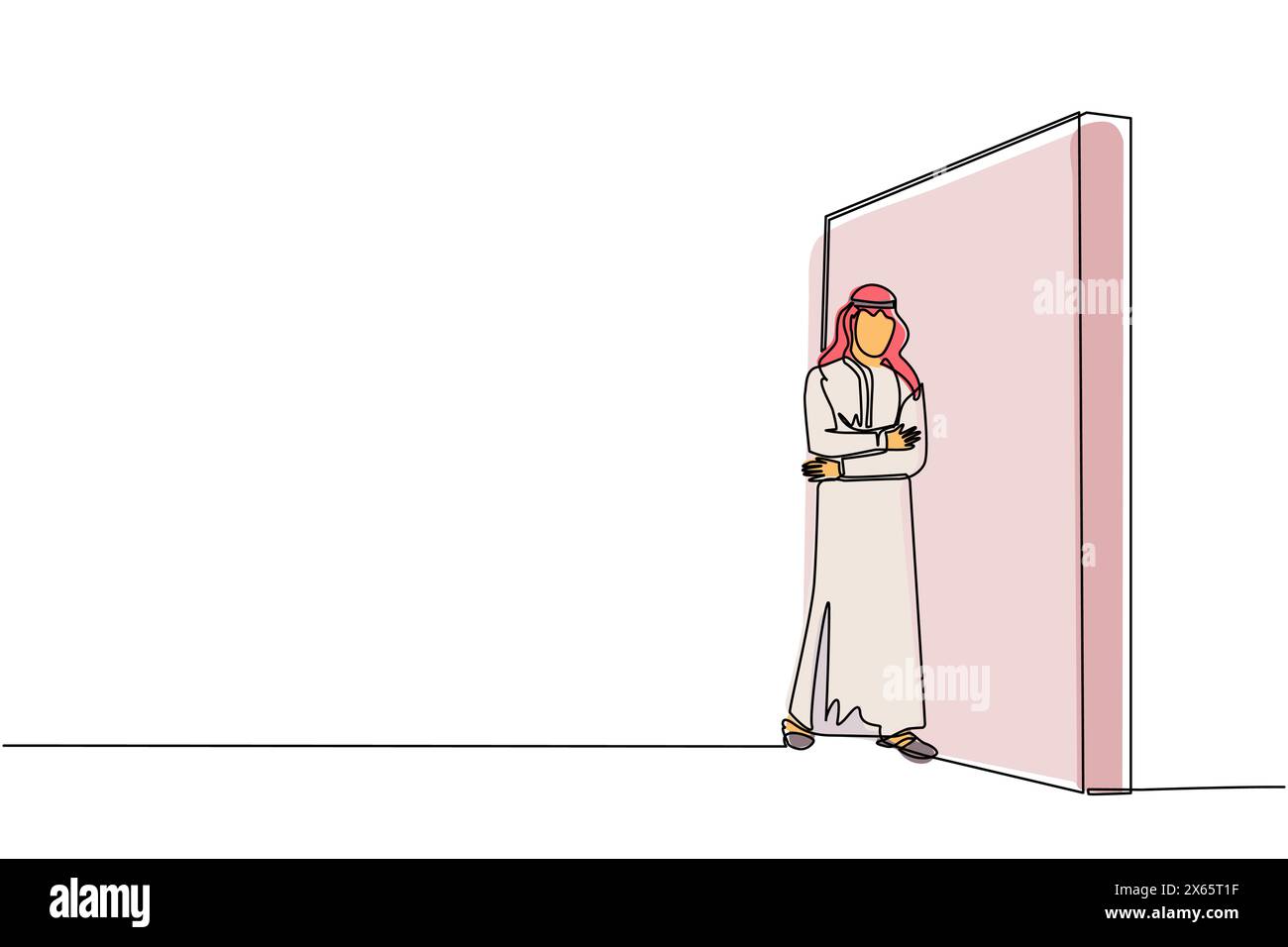 Una linea continua che attira un uomo d'affari arabo in piedi e appoggiato contro il muro, pensando a una nuova azienda commerciale. Intera lunghezza o corpo. Si Illustrazione Vettoriale