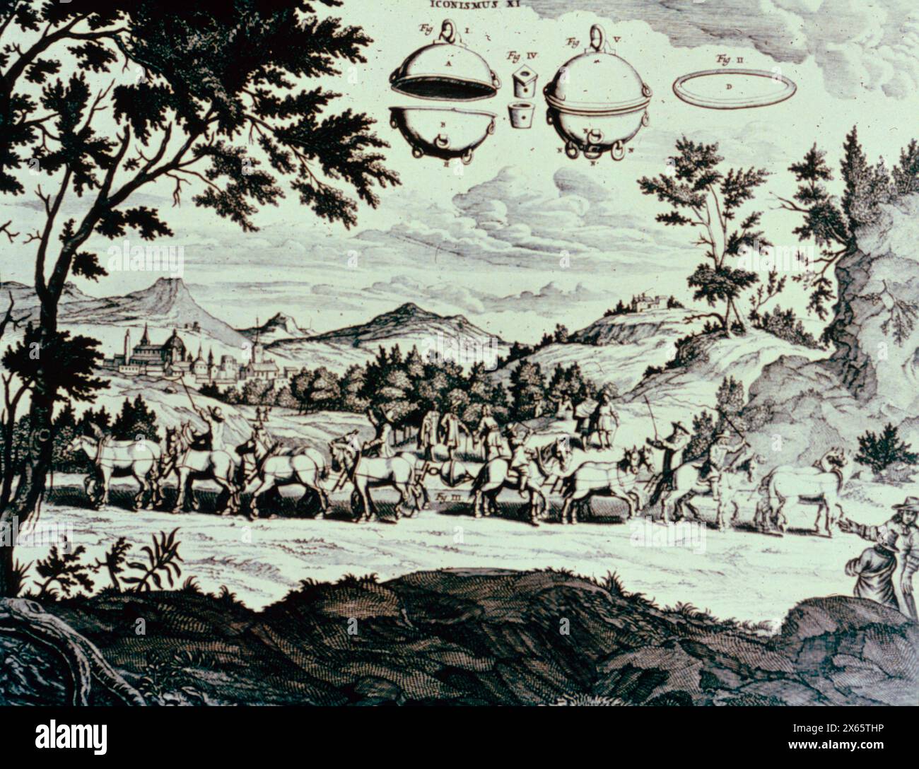 Otto von Guerike conduce un famoso esperimento con la pompa per vuoto, Ratisbon 1654 Foto Stock