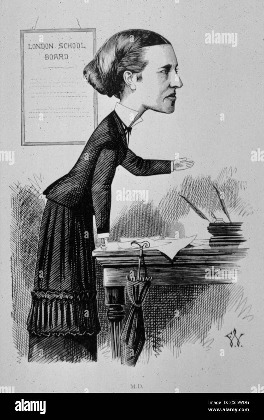 Ritratto a cartoni animati della medico britannica Elizabeth Garrett Anderson dell'artista Frederick Waddy, illustrazione, 1873 Foto Stock