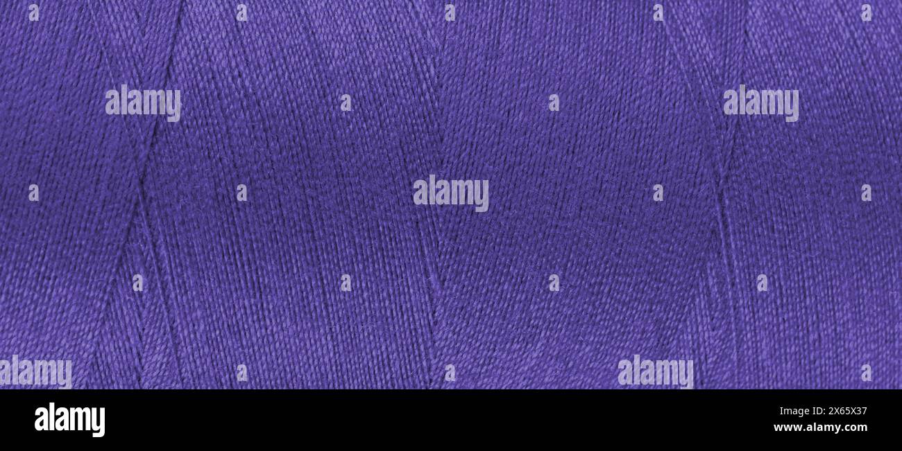Trama di filettature di colore viola in primo piano dello spool, macro. Banner ampio, intestazione di fili da cucire sfondo astratto, sfondo, sfondo. Foto Stock
