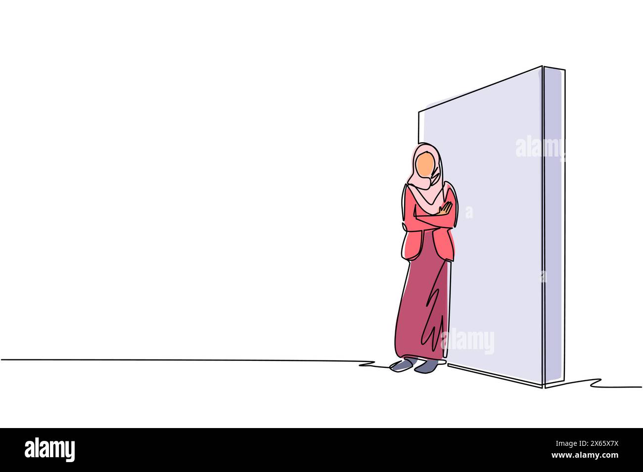 Una sola linea che attira una donna d'affari araba in piedi e appoggiata contro il muro, pensando a una nuova azienda commerciale. Intera lunghezza o corpo. Conti Illustrazione Vettoriale