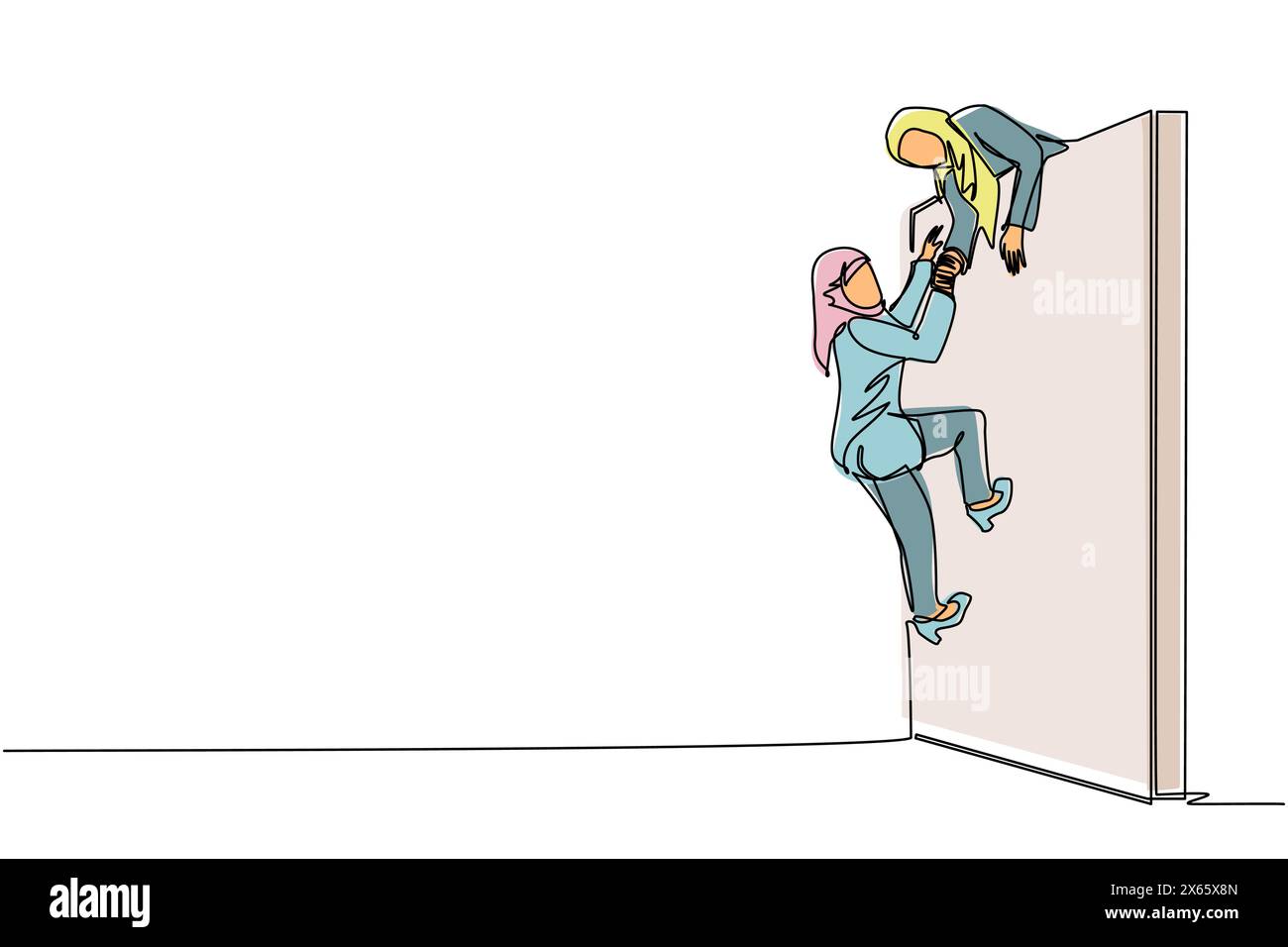 Una sola linea disegna una donna d'affari araba che aiuta un'altra donna a scalare il muro. Una donna d'affari sicura di successo che aiuta un'altra a farcela Illustrazione Vettoriale