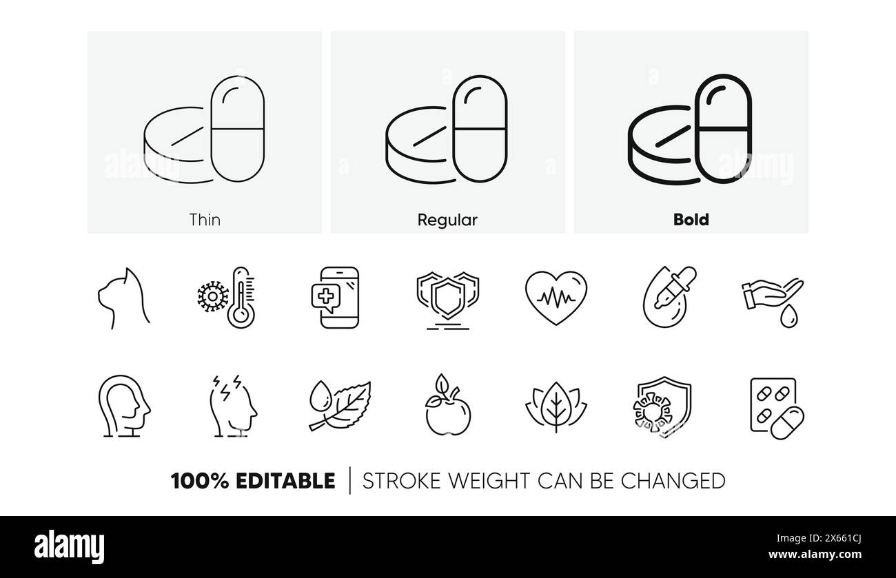 Icone di linea stress, Shields e Eye Drops. Per applicazioni Web, stampa. Icone di linea. Vettore Illustrazione Vettoriale