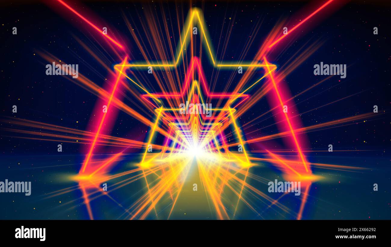 Movimento di volo attraverso la galleria di tunnel al neon, corridoio, stella. Sfondo geometrico astratto che vola nel ciberspazio. Arco al neon in oro giallo rosso Foto Stock