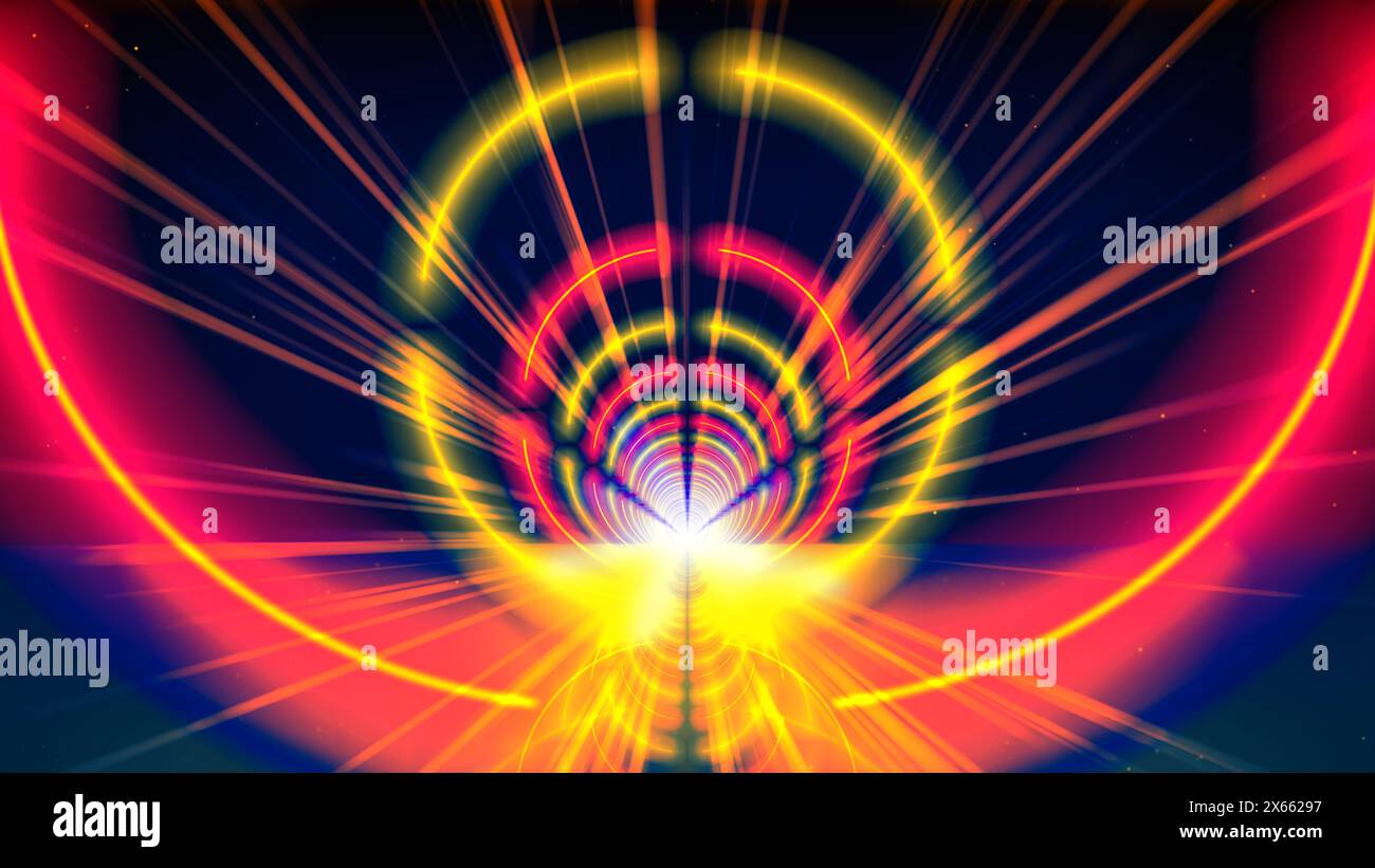 Movimento di volo attraverso la galleria di tunnel al neon, corridoio, cerchio. Sfondo geometrico astratto che vola nel ciberspazio. Arco al neon in oro rosso giallo Foto Stock